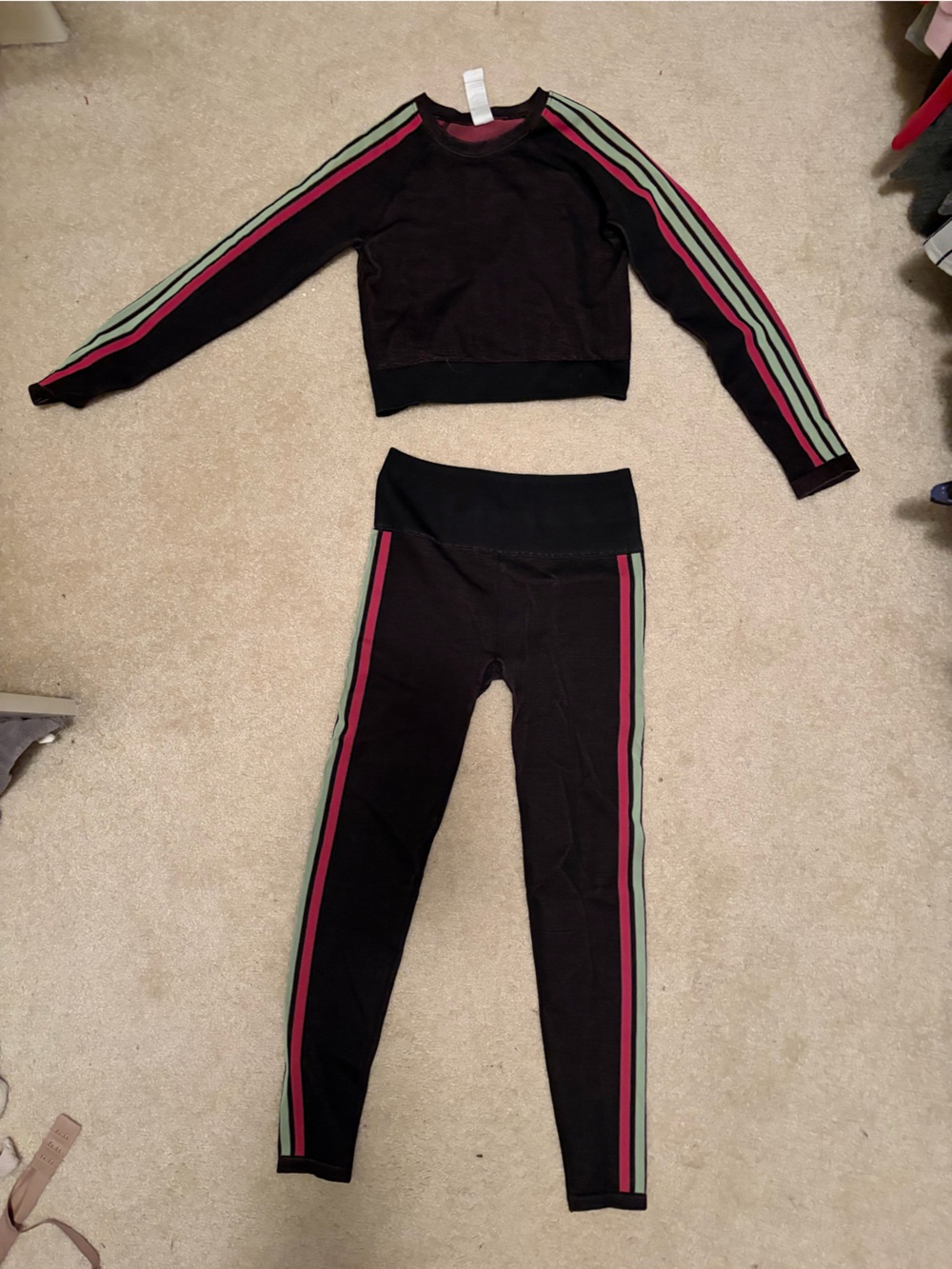 Fabletics Black Crop Sweatshirt & Joggers Set with Pink and Sage Stripes